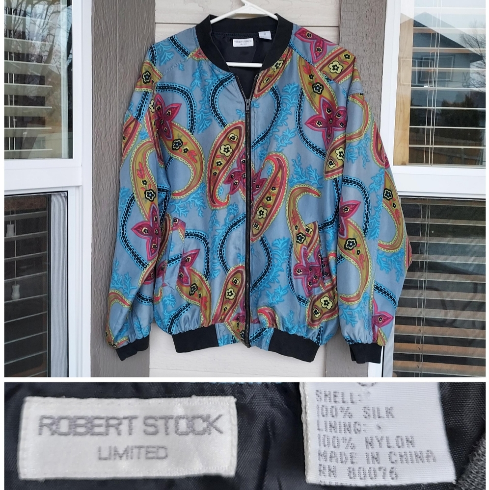 Vintage Robert Stock Men's Blue Parsley Design Light Men's Silk Jacket Size M